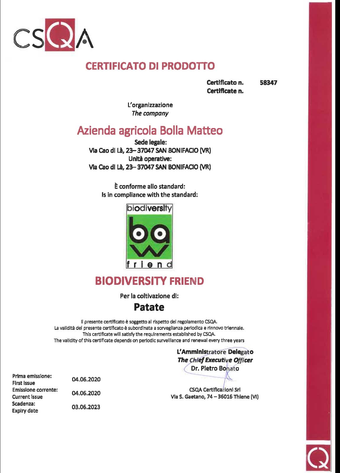 Certificazione CSQA Biodiversity Friend azienda agricola Bolla Matteo